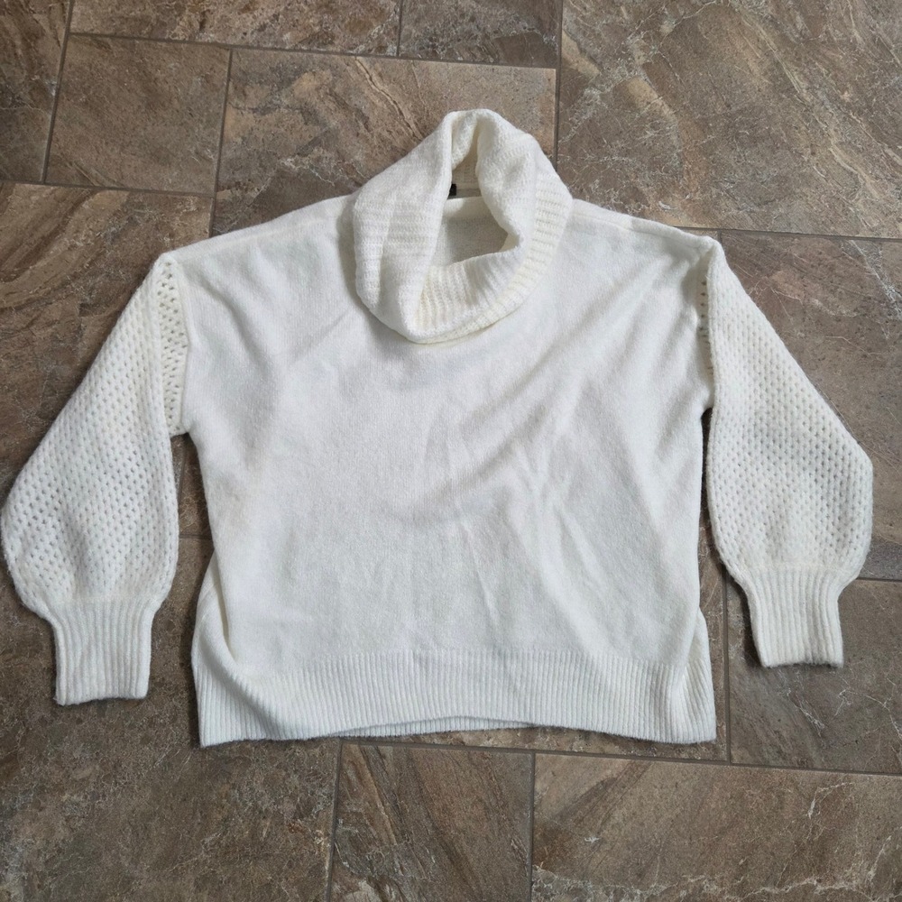 Vince Camuto Cream White Cowl Neck Sweater Open Knit Sleeve Balloon Sleeve M